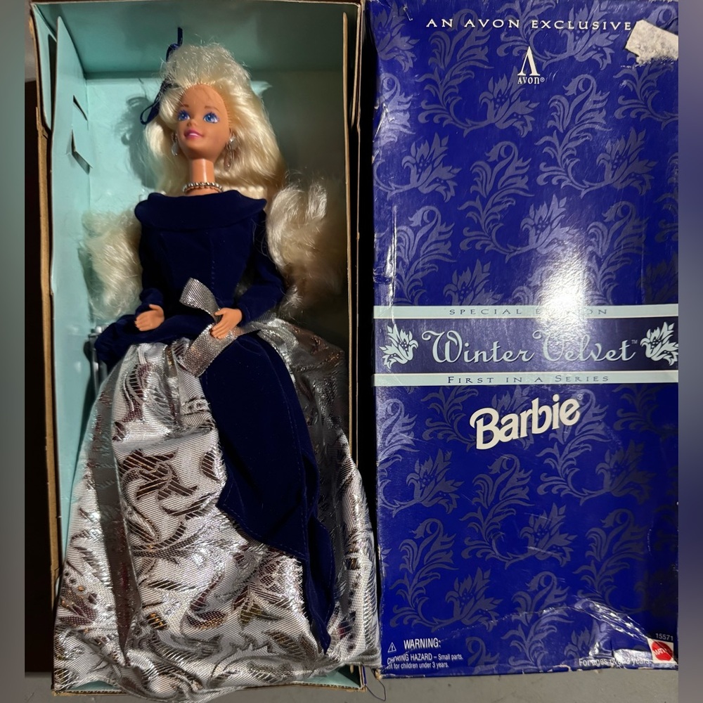 1995 Vintage Avon/Barbie Winter Velvet Doll with Blue and Silver Dress